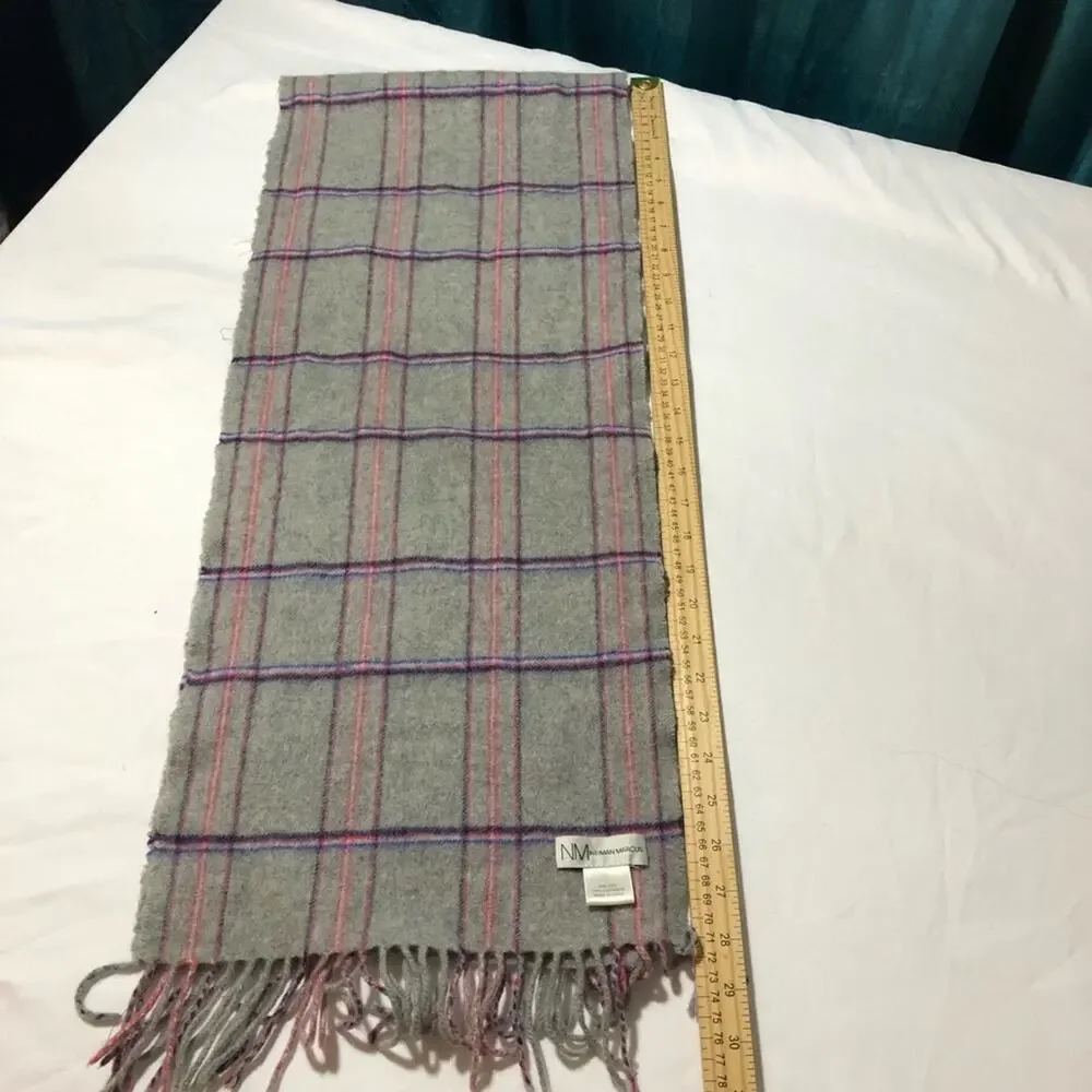 Neumann Marcus cashmere plaid grey purple pink fringe scarf 11.5”x56”